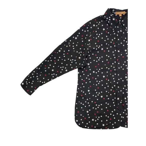Ellen Tracy Shirt Womens Medium Black w/Red White Stars Print Button Up Roll Tab - Picture 9 of 10
